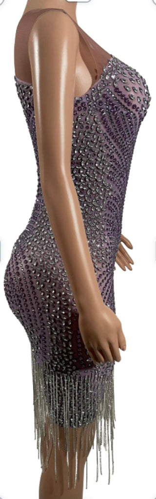 Purple And Nude Rhinestone Short Dress