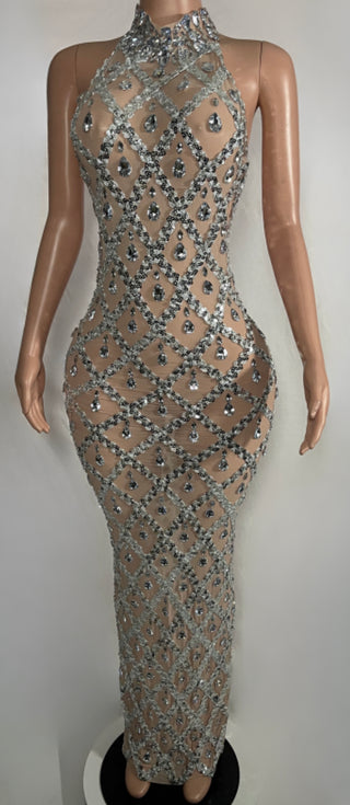 Long Nude and Sliver, Open Back Rhinestone Dress