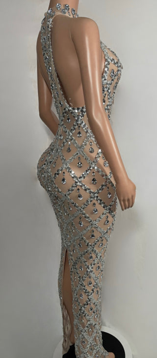 Long Nude and Sliver, Open Back Rhinestone Dress
