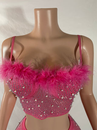 Pink Short Pants, Two Piece Feathered Set